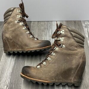 Sorel Lea Wedge Quarry Brown Leather Lace Up Ankle Boots NL2337-005 Womens 7